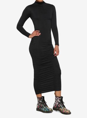 Black Ruched Long-Sleeve Bodycon Dress