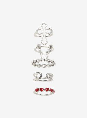 Red Heart Chain Cross Ring Set