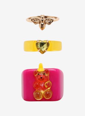Honey Bear Heart Chunky Acrylic Ring Set