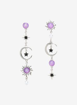 Celestial Purple Glitter Gem Drop Mismatch Earrings