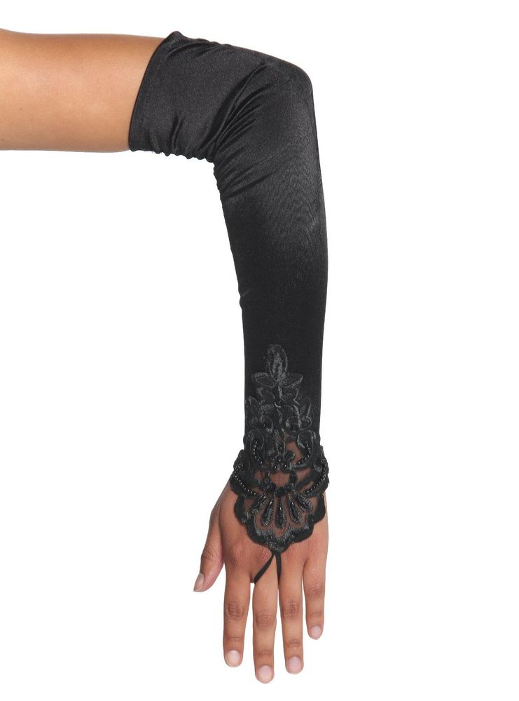 Black Satin Beaded Ruched Fingerless Gloves