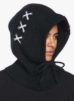 Black Knit Lace-Up O-Ring Hood