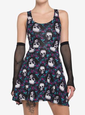 Skulls & Flowers Skater Dress With Lace Back