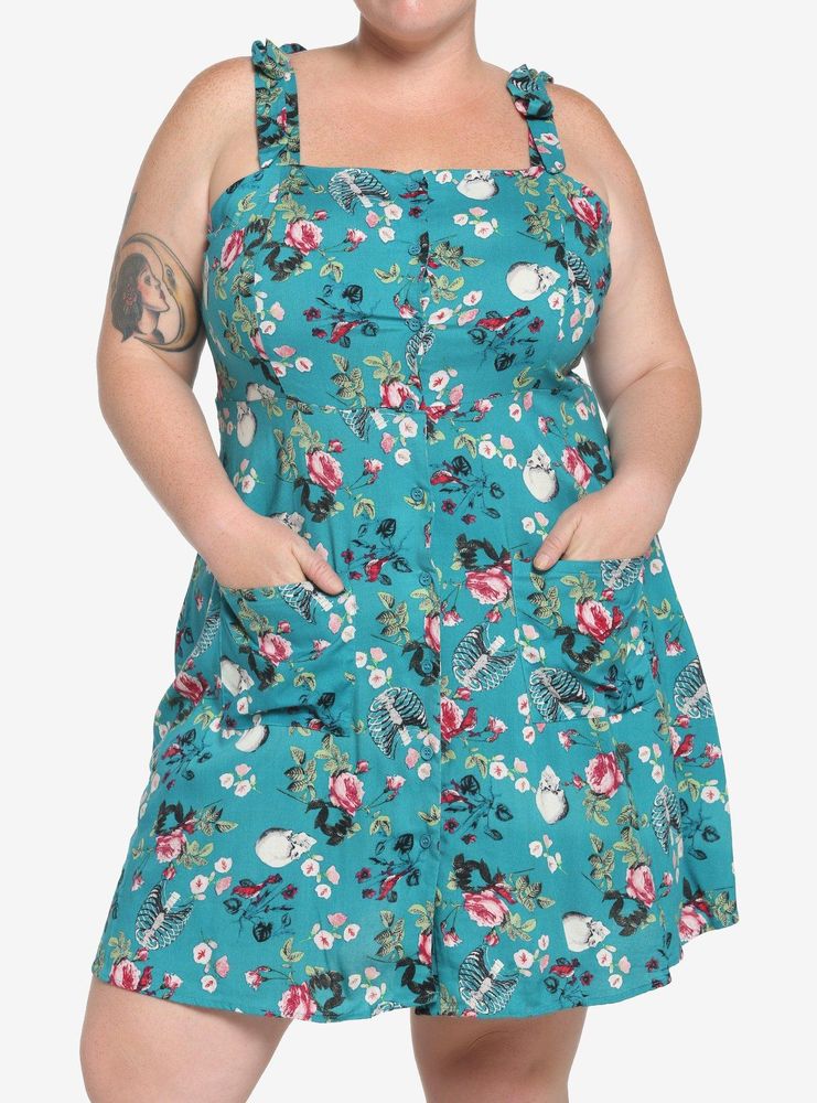 Teal Skeleton Floral Dress Plus