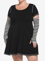 Black & White Contrast Stitch Skater Dress Plus Size With Arm Warmers