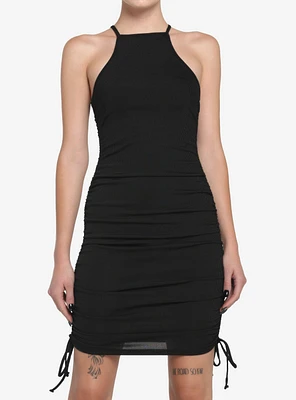 Black High Neck Ruched Dress