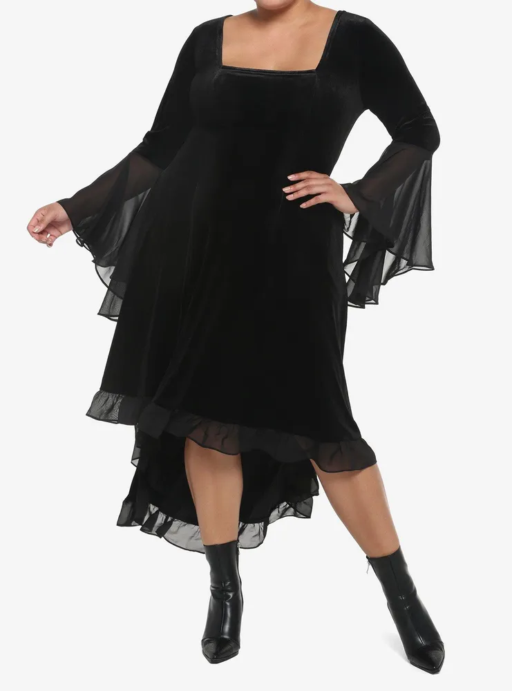 Black Velvet Bell-Sleeve Hi-Low Dress Plus Size