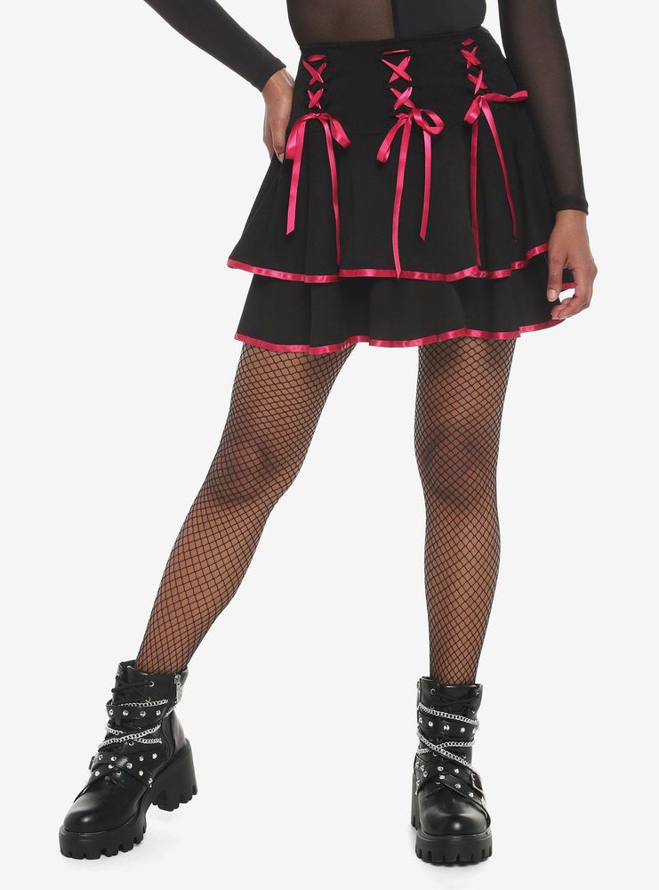 Black & Pink Lace-Up Tiered Skirt