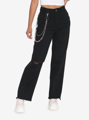Black Straight Leg Jeans With Multicolor Beaded Chain