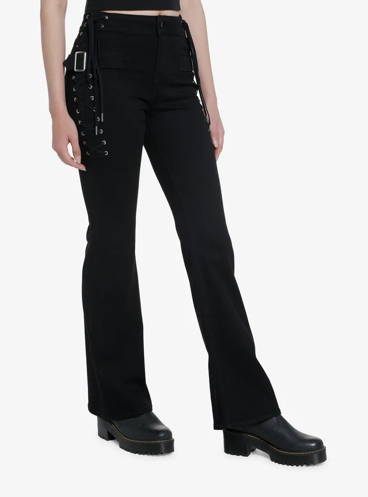 Hot Topic Black Lace-Up Flare Denim Pants