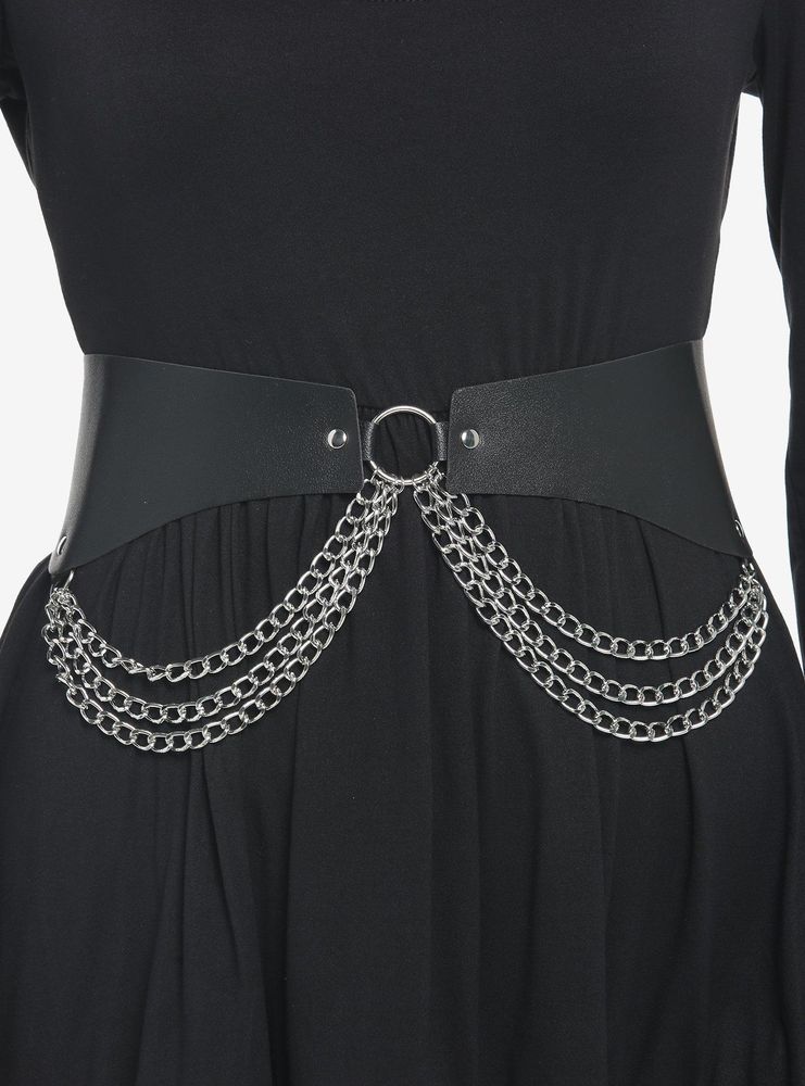 Black Faux Leather & Draped Chains Waist Belt