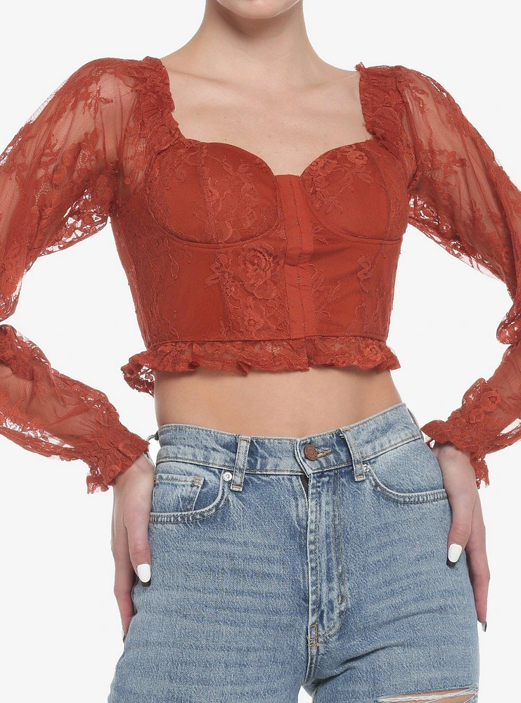 Rust Lace Corset Girls Crop Long-Sleeve Top