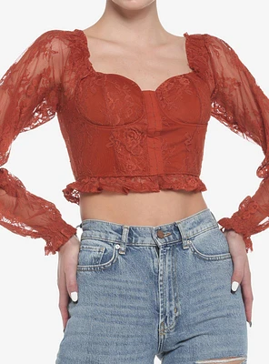 Rust Lace Corset Girls Crop Long-Sleeve Top