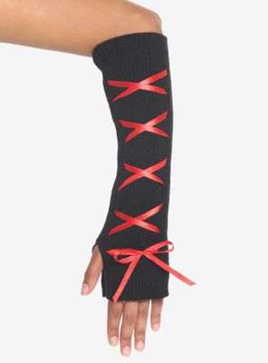Red Lace-Up Knit Arm Warmers
