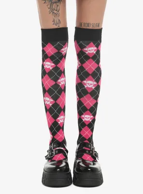 Pink Argyle Skull Over-The-Knee Socks