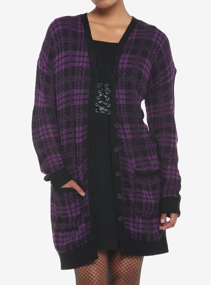 Purple & Black Plaid Oversized Girls Cardigan