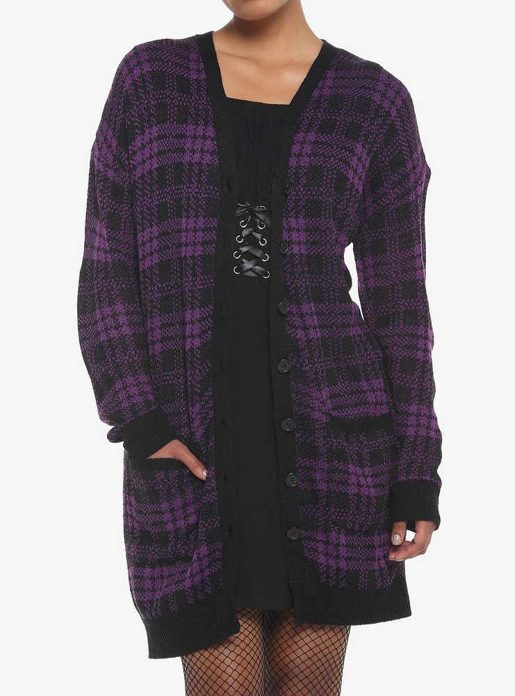 Purple & Black Plaid Oversized Girls Cardigan
