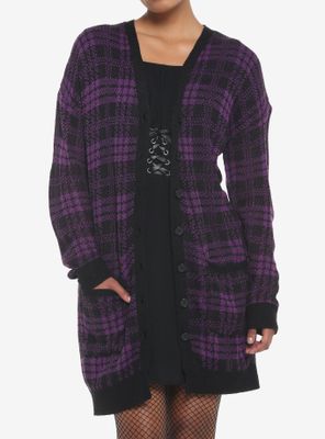 Purple & Black Plaid Oversized Girls Cardigan