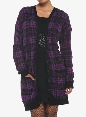 Purple & Black Plaid Oversized Girls Cardigan