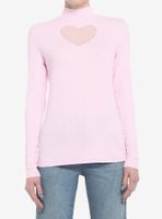 Pastel Pink Heart Cutout Mock Neck Girls Long-Sleeve Top