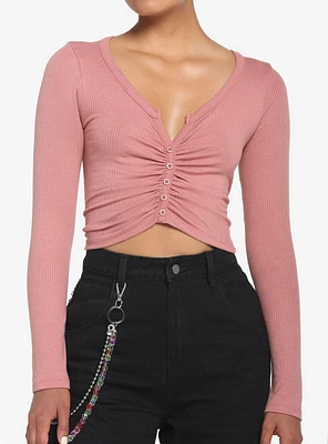 Dusty Pink Button-Front Long-Sleeve Girls Top