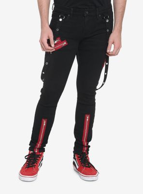 HT Denim Red Zipper Stinger Jeans With Grommet Suspenders