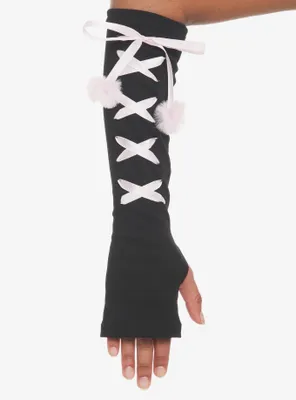 Black & Pink Cat Paw Lace-Up Arm Warmers