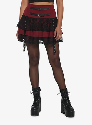Burgundy Lace & Grommets Tiered Skirt