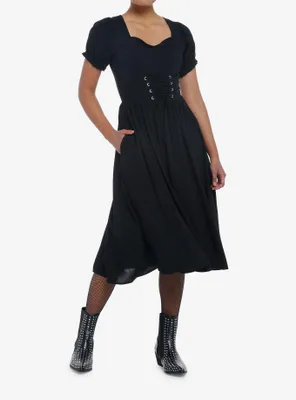 Black Puff Sleeve Corset Midi Dress