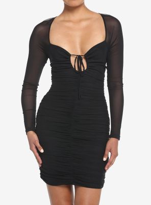Black Ruched Mesh Mini Dress