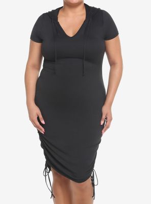 Black Ruched Hooded Dress Plus