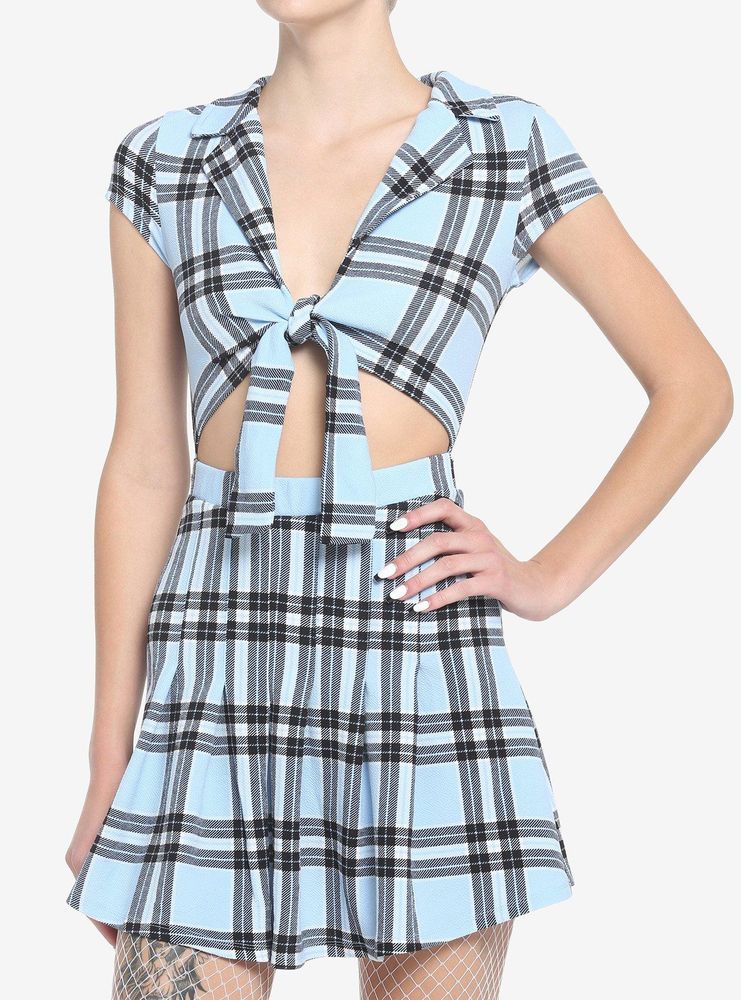 Light Blue Plaid Tie-Front Dress