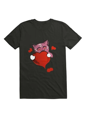 Kawaii Lovely pink cat holding a red heart T-Shirt