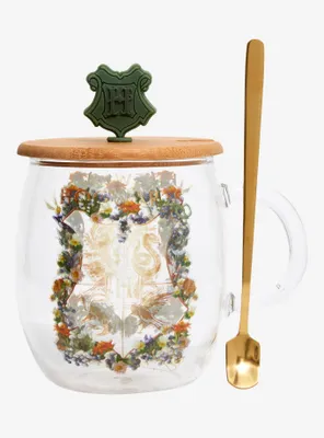 Harry Potter Floral Hogwarts Crest Glass Mug with Lid & Spoon Set