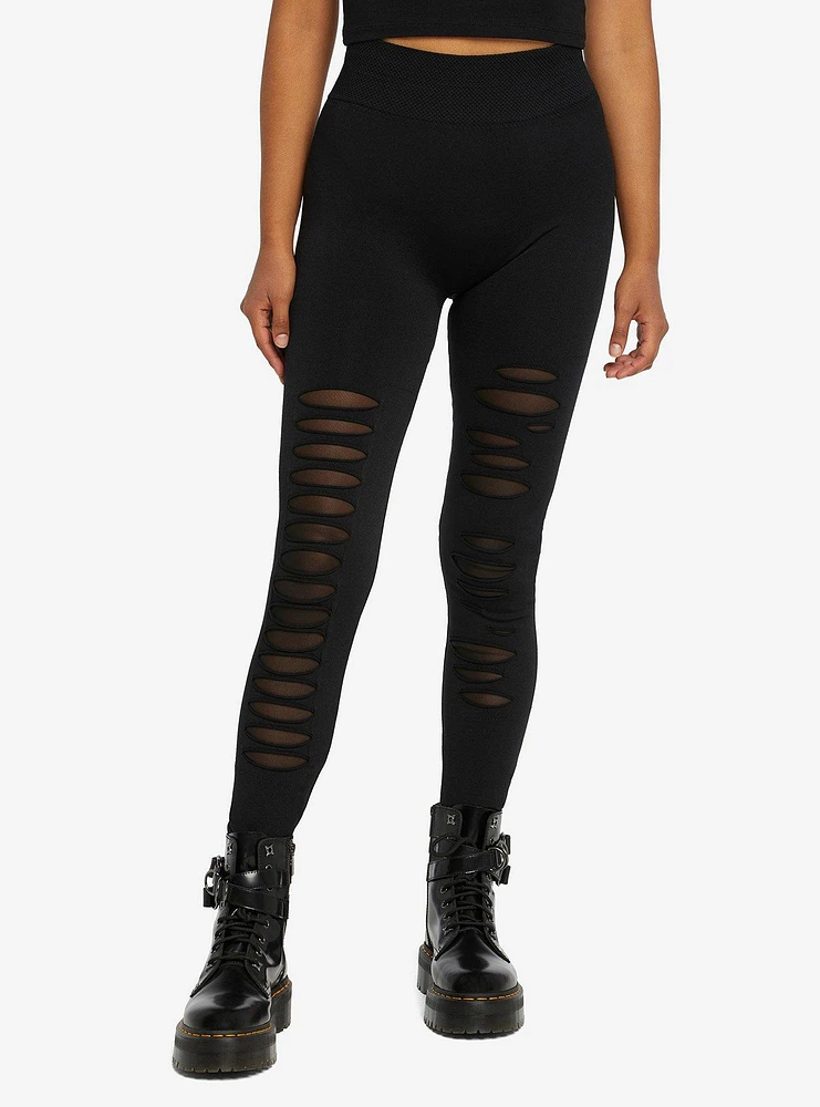 Black Shredded Mesh Inset Leggings