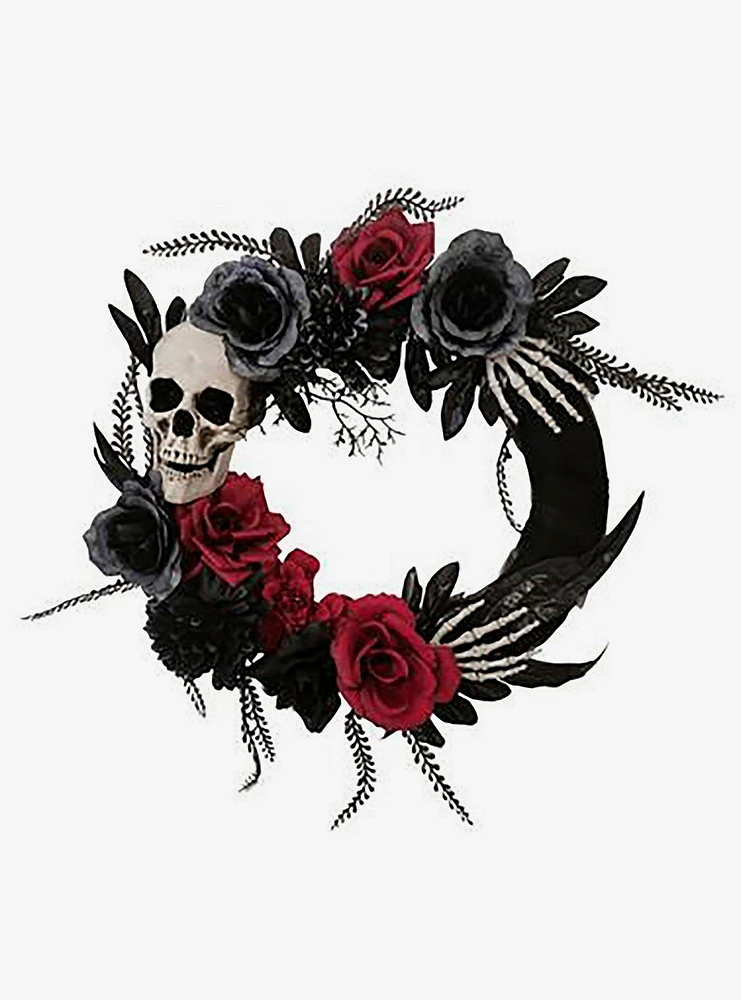 Wreath with Skull Hands & Roses 18-inch Decor