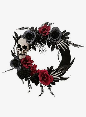 Wreath with Skull Hands & Roses 18-inch Decor