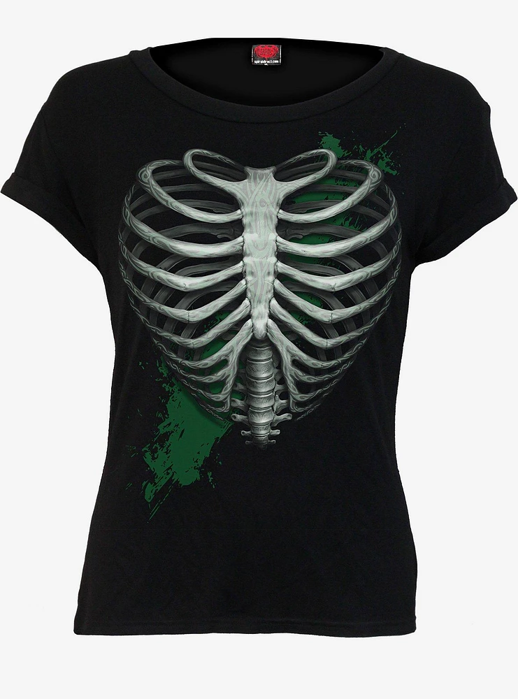 Heart Ribs Glow In The Dark Black Boatneck Cap Sleeve T-Shirt