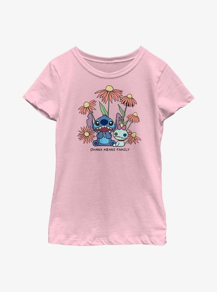 Disney Lilo & Stitch Chibi Floral Ohana Means Family Youth Girls T-Shirt