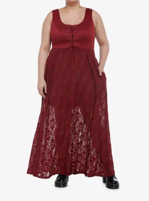 Burgundy Skulls Lace-Up Maxi Dress Plus