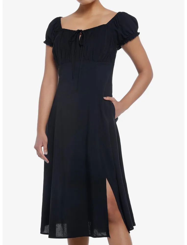 Black Babydoll Lace-Up Midi Dress