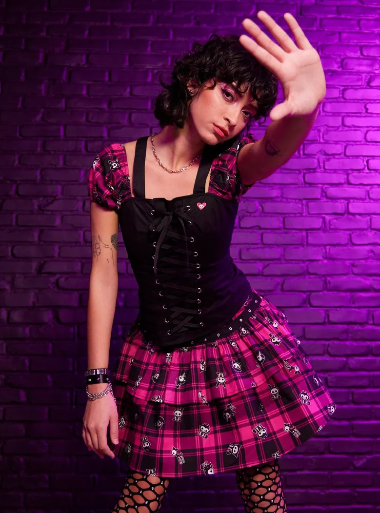 Hot Topic Skelanimals Plaid Corset Girls Top