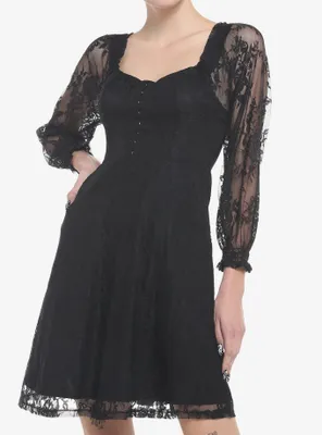 Black Rose Lace Romantic Corset Long-Sleeve Dress