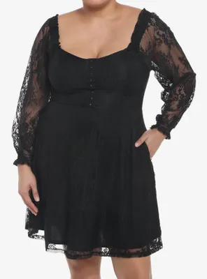 Black Rose Lace Romantic Corset Long-Sleeve Dress Plus
