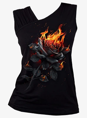 Flaming Rose Gathered Shoulder Slant Black Top