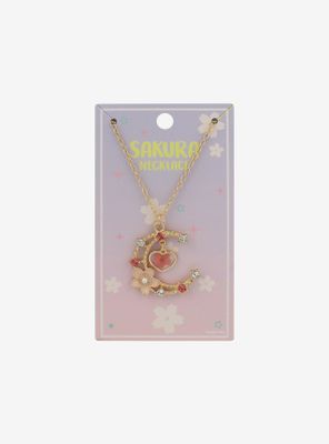 Heart Sakura Crescent Moon Gem Necklace