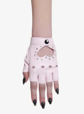 Pink Heart Cutout Moto Fingerless Gloves