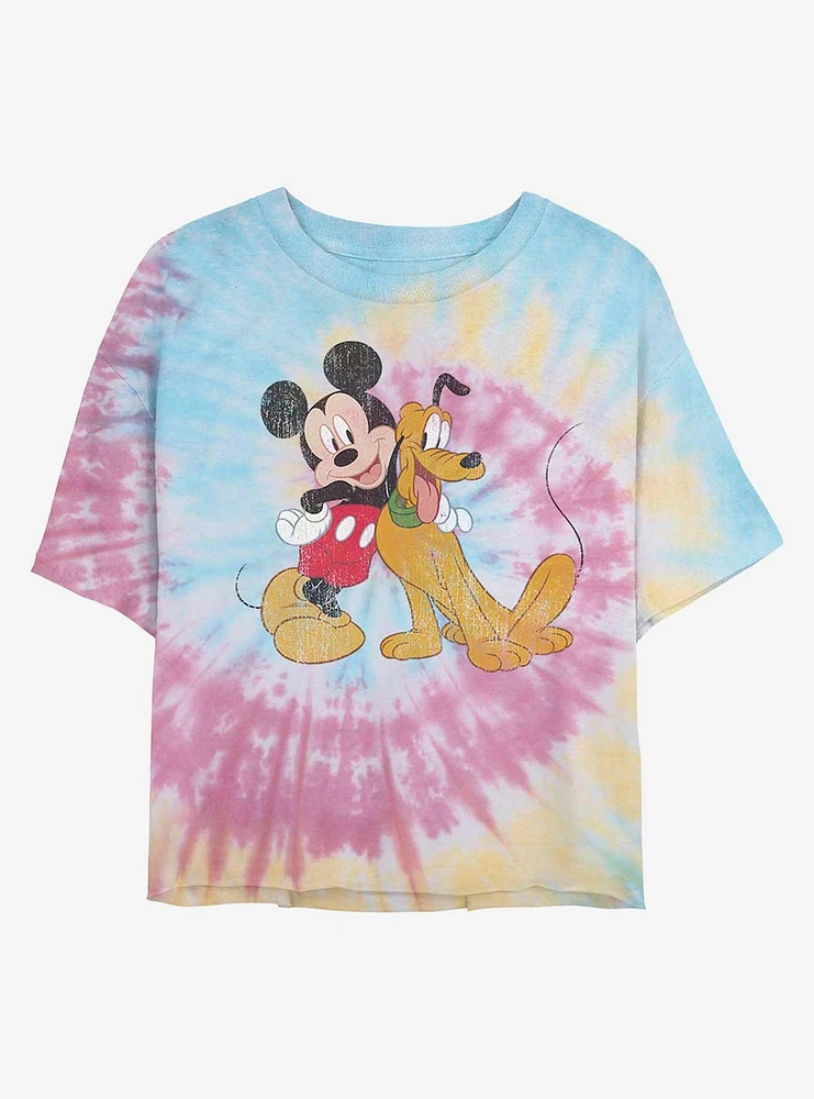 Disney Mickey Mouse and Pluto Tie Dye Crop Girls T-Shirt