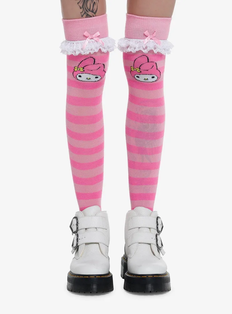 Pink Lace Black Bow Knee-High Socks, Hot Topic
