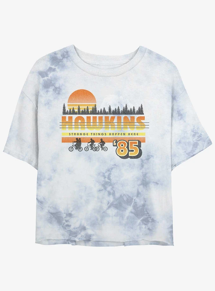 Stranger Things Hawkins Vintage Sunsnet Mineral Wash Crop Girls T-Shirt